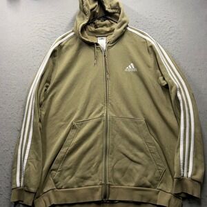 Adidas Mens Full Zip Hoodie Khaki Green Three Stripe Fleece XL 2149
